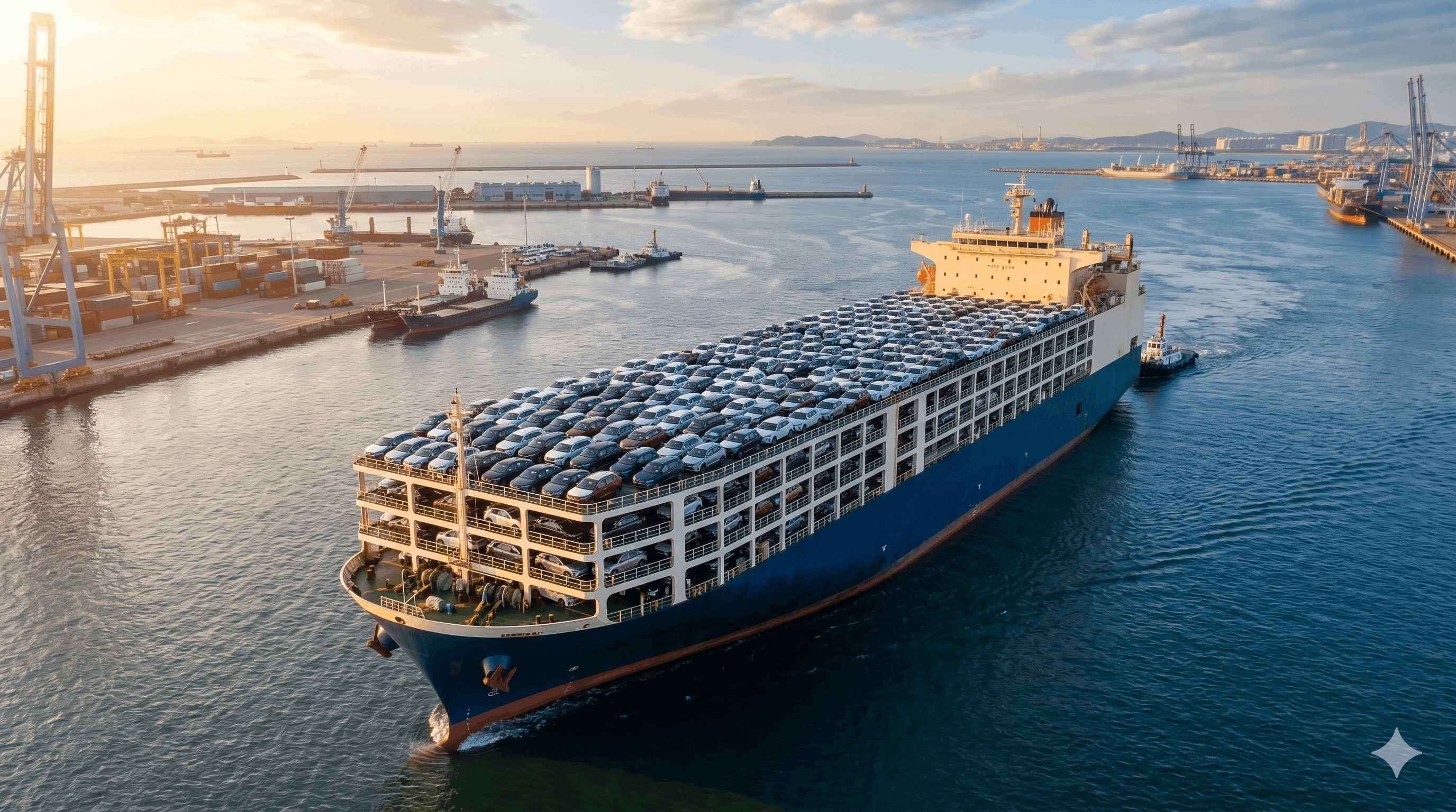 Car carrier ship loaded with vehicles departing Incheon Port at sunset