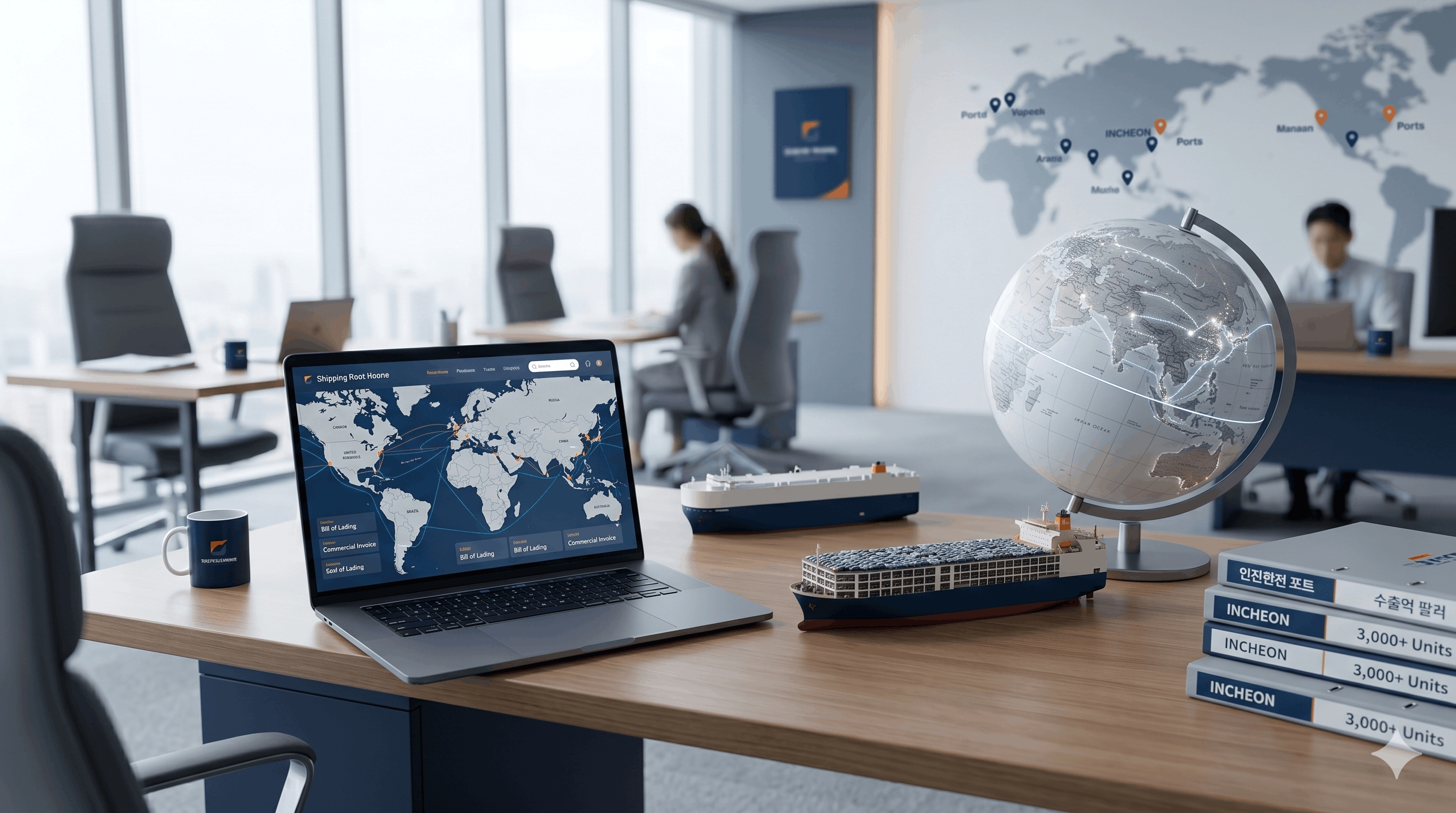 B2B export office coordinating shipping documentation and global logistics